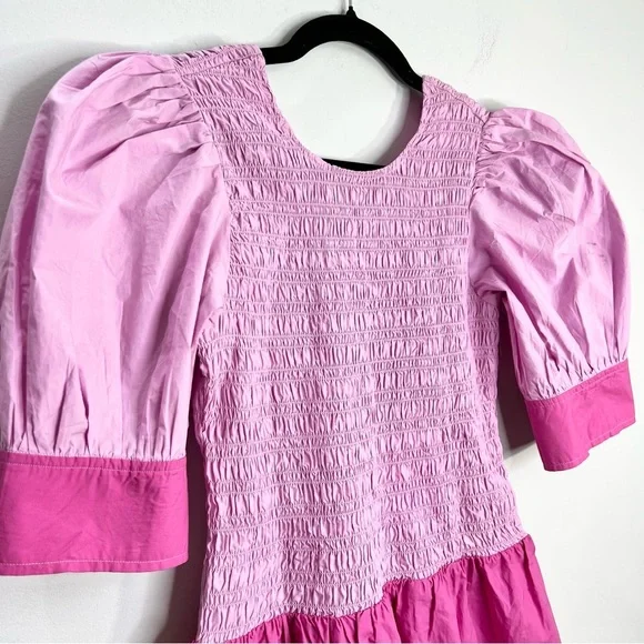 NWT GANNI COLOUR BLOCK Organic COTTON POPLIN SMOCKED MINI DRESS IN PHLOX PINK 38 - Picture 6 of 17